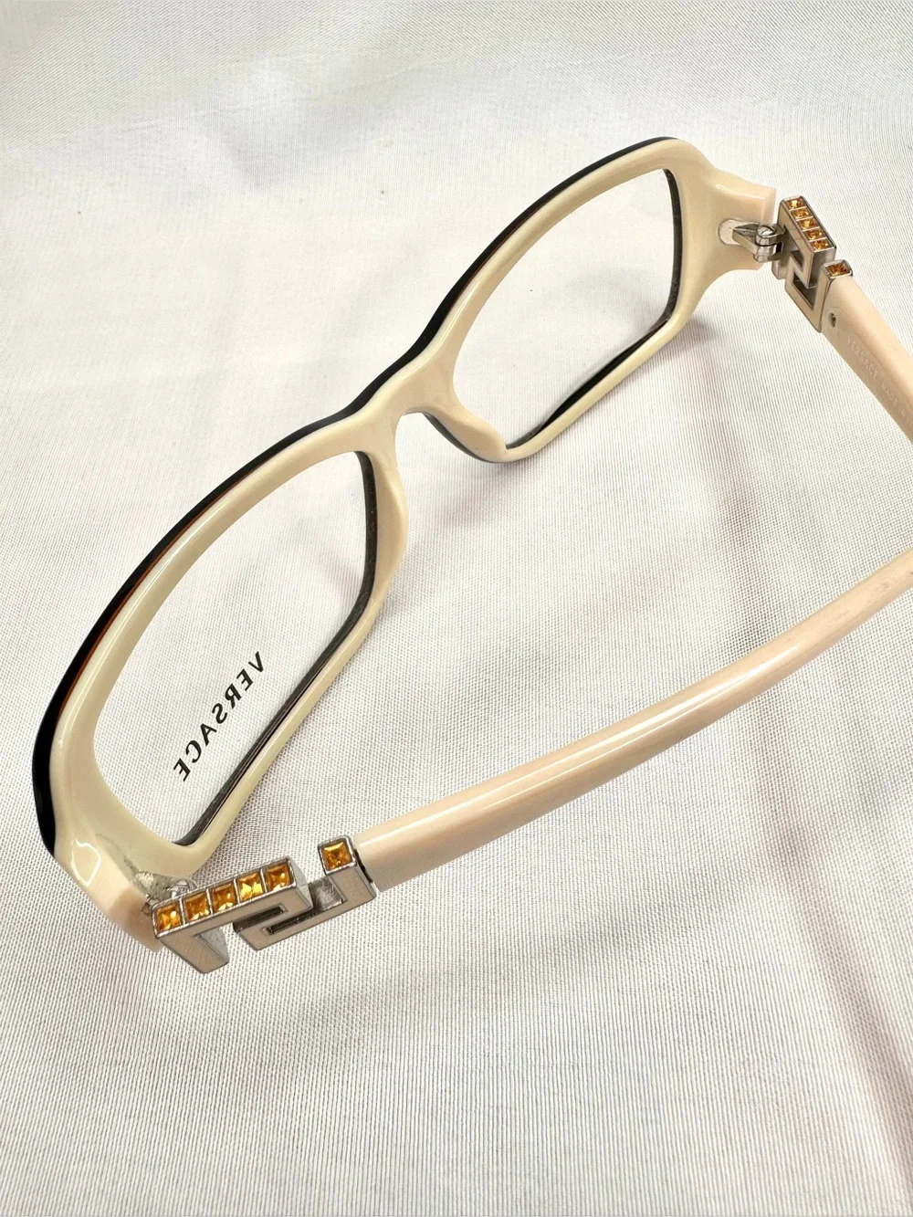 VERSACE Vintage Cream and Bkack Square Frame Glasses with Geometric Accent